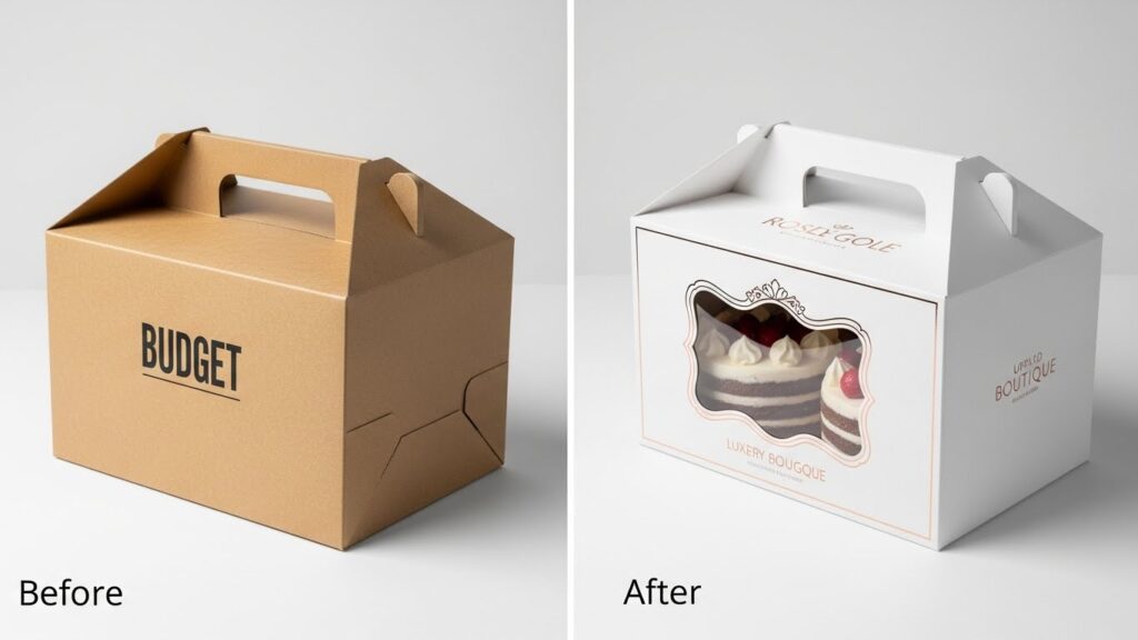 Before and after luxury bakery box upgrade showing brand transformation