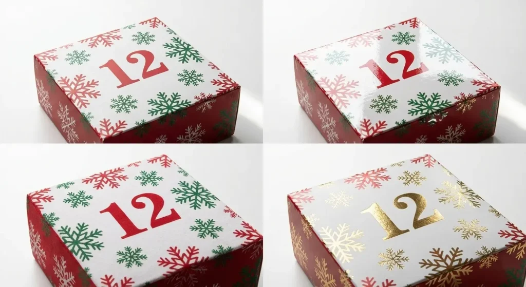 Custom advent calendar boxes with different coating finishes including matte lamination gloss finish and metallic foil stamping