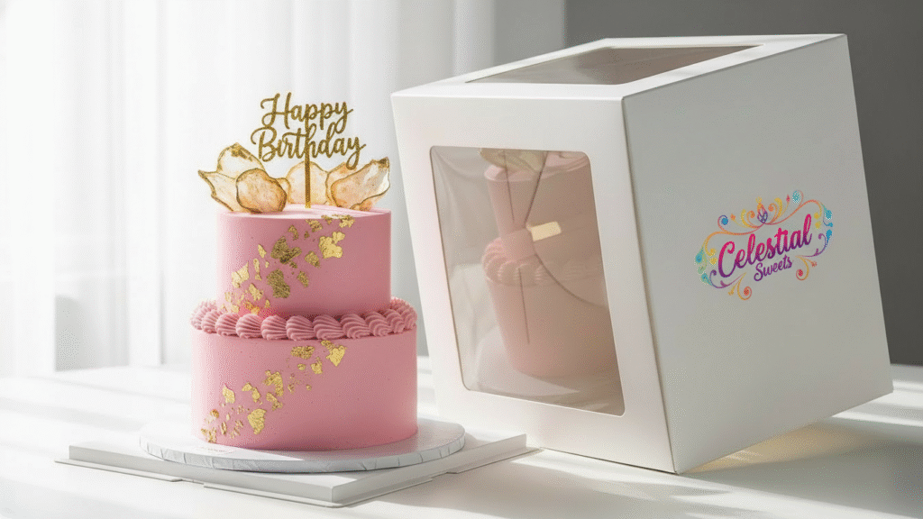 Custom cake boxes with window showcasing decorated birthday cake