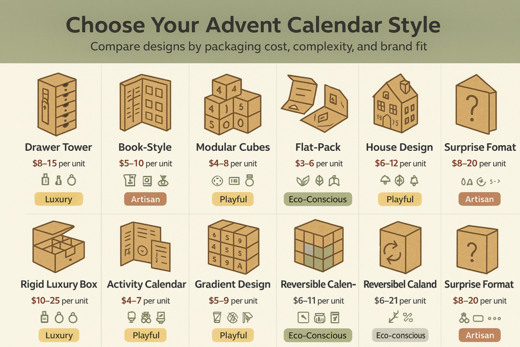 Infographic comparing 10 advent calendar box design styles showing structure, cost level, best use cases.