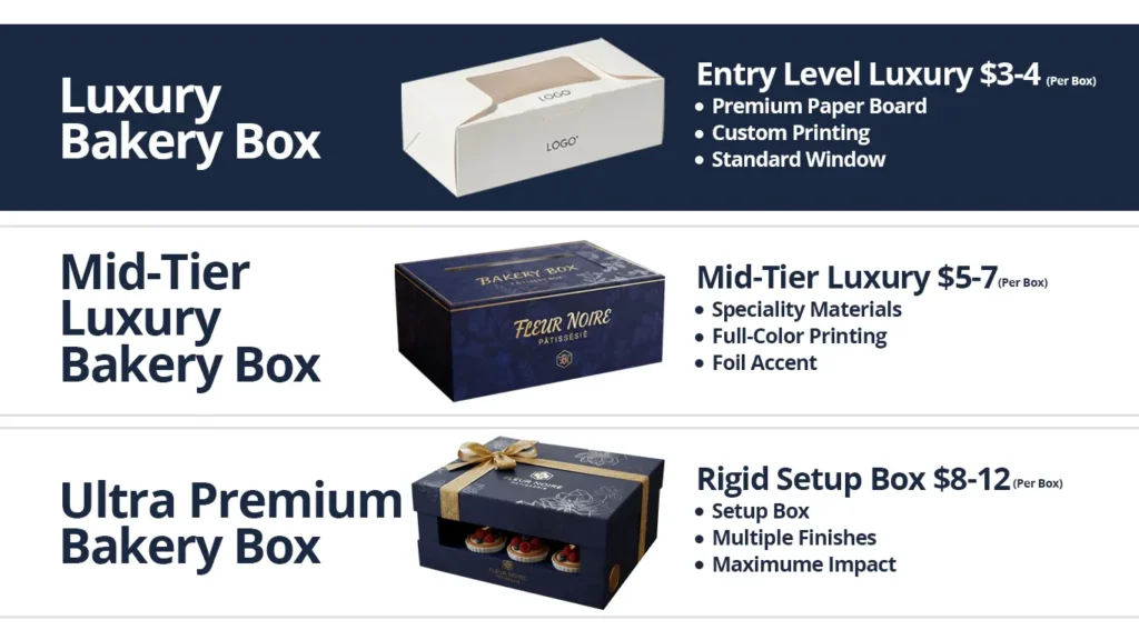 Luxury bakery boxes pricing guide - cost breakdown by quality tier