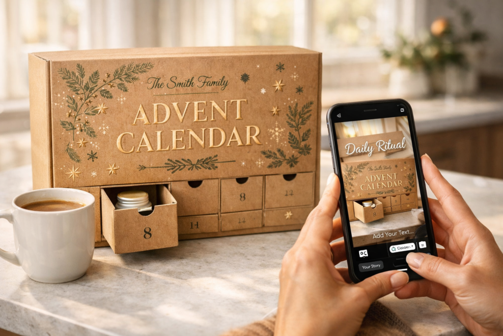 Personalized advent calendar box on kitchen counter with smartphone showing Instagram post and coffee mug creating daily brand engagement moment