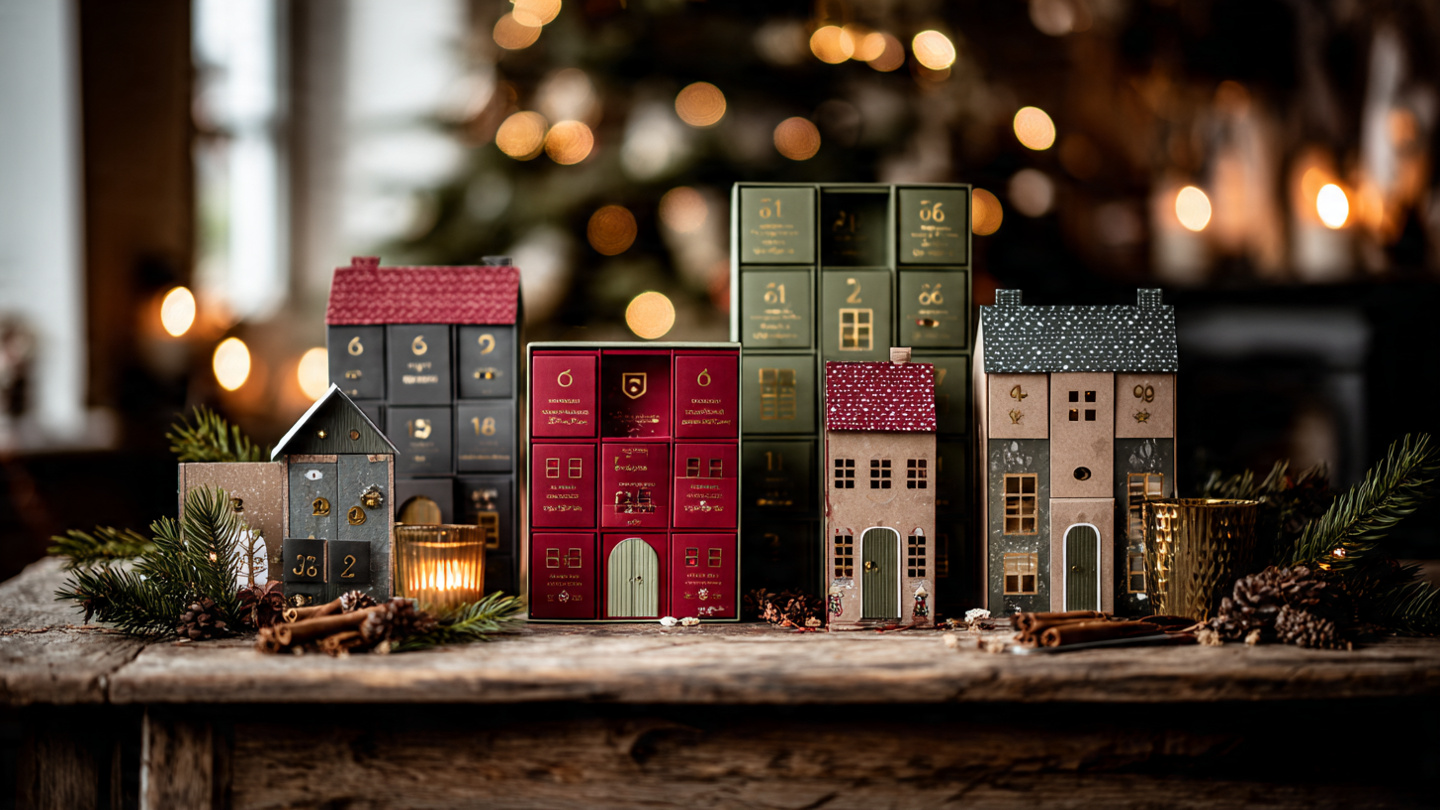 Ten different creative advent calendar box designs including drawer tower, book-style, modular cubes, and house-shaped calendars arranged on festive holiday display