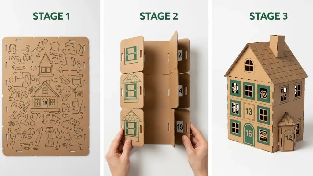Three-stage transformation showing cardboard advent calendar from flat die-cut sheet to fully assembled 3D holiday house structure