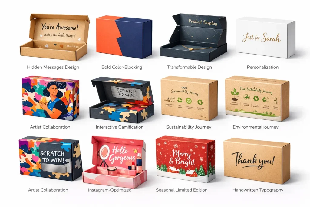 Collection of 10 creative custom packaging box designs featuring hidden messages, bold colors, sustainable materials, and personalization for viral marketing