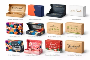Collection of 10 creative custom packaging box designs featuring hidden messages, bold colors, sustainable materials, and personalization for viral marketing