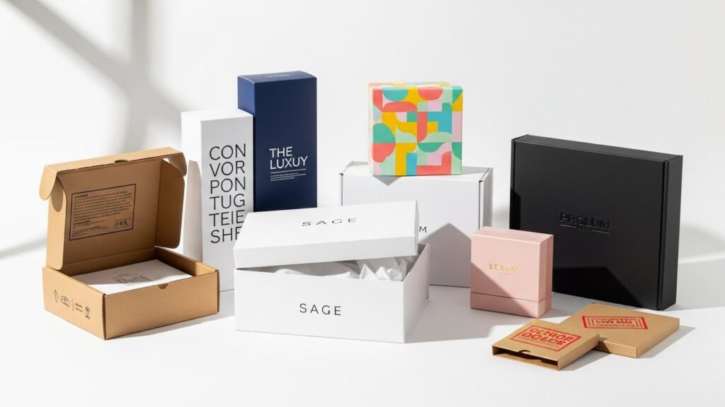 Collection of custom printed packaging boxes in various designs materials and colors for small business branding
