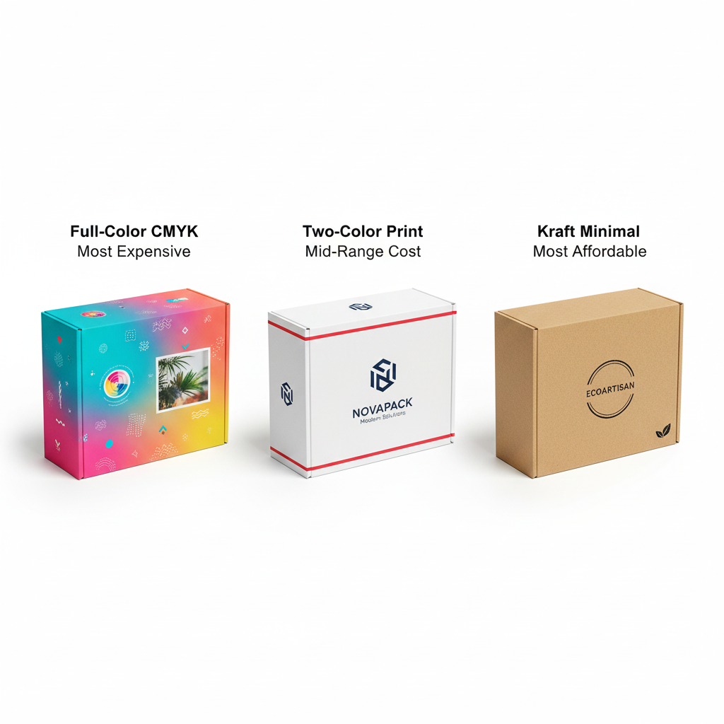 Cost effective packaging printing methods including full color CMYK two color printing and kraft boxes with minimal design