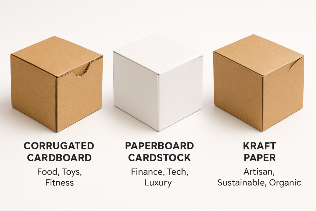 Custom box material types comparison showing corrugated cardboard paperboard cardstock and kraft paper packaging