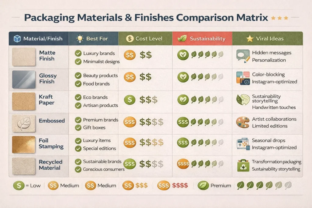 Custom box printing techniques comparison chart showing materials, finishes, and sustainability ratings for different packaging design strategies