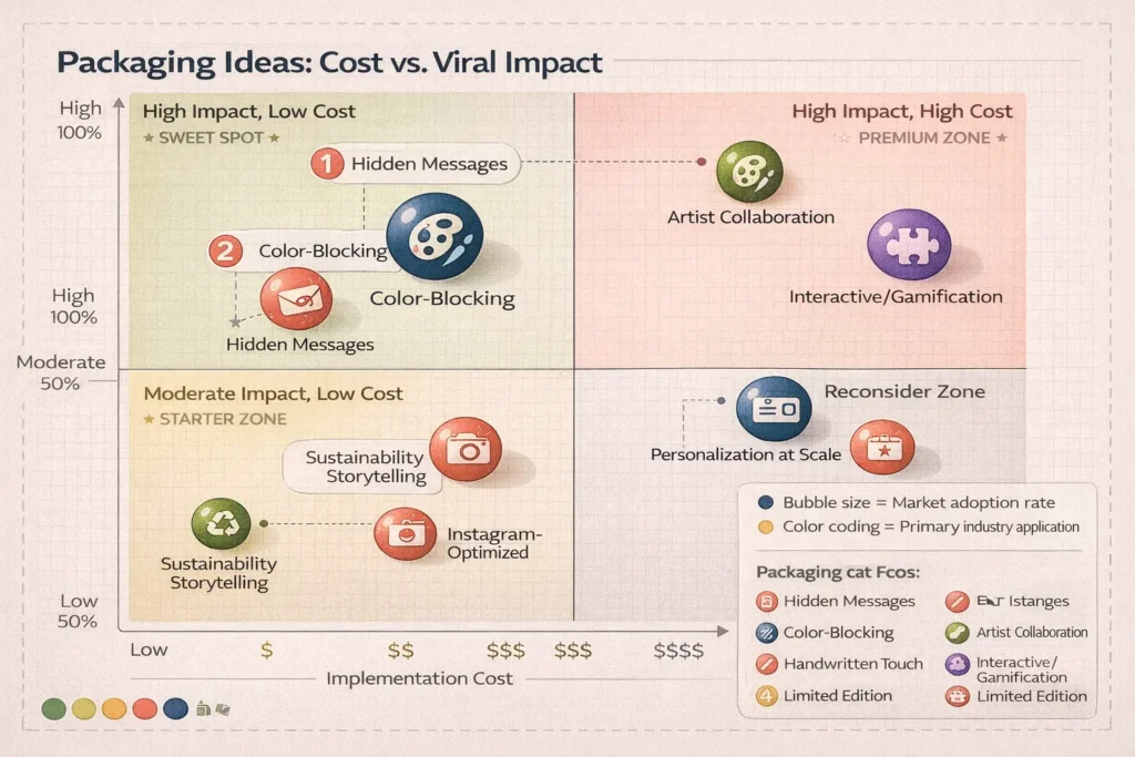 Custom packaging ideas cost versus viral impact chart comparing budget requirements and social media shareability for different box design strategies