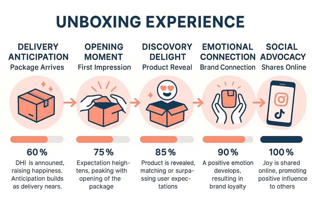 Customer unboxing experience journey map showing emotional stages from package delivery to social media sharing with custom printed boxes