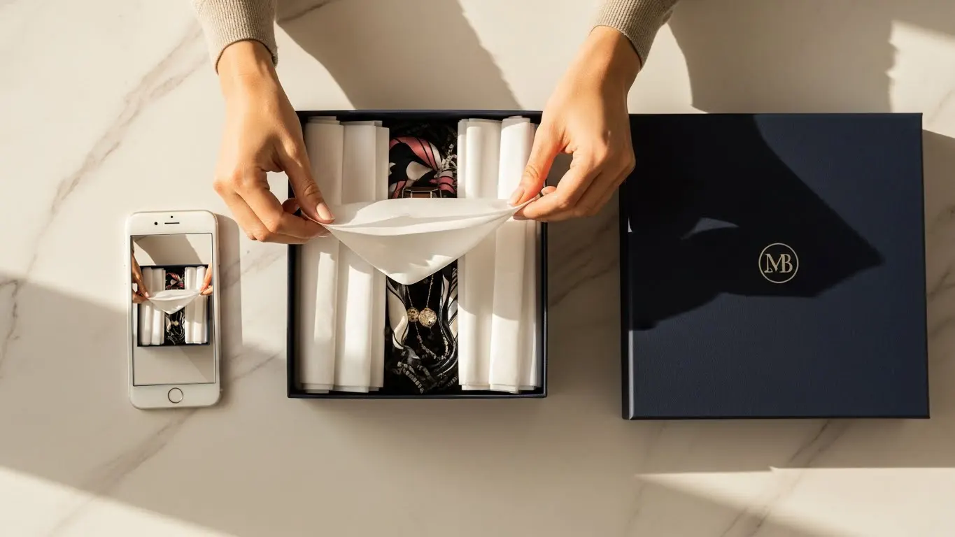 Elegant custom gift boxes unboxing experience with branded packaging and tissue paper