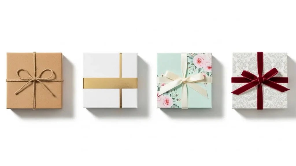 Four wedding gift box styles rustic kraft, modern minimalist, garden floral, and vintage damask designs