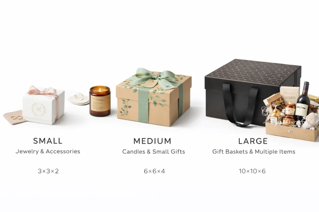 Gift box size guide showing small, medium, and large options with product examples