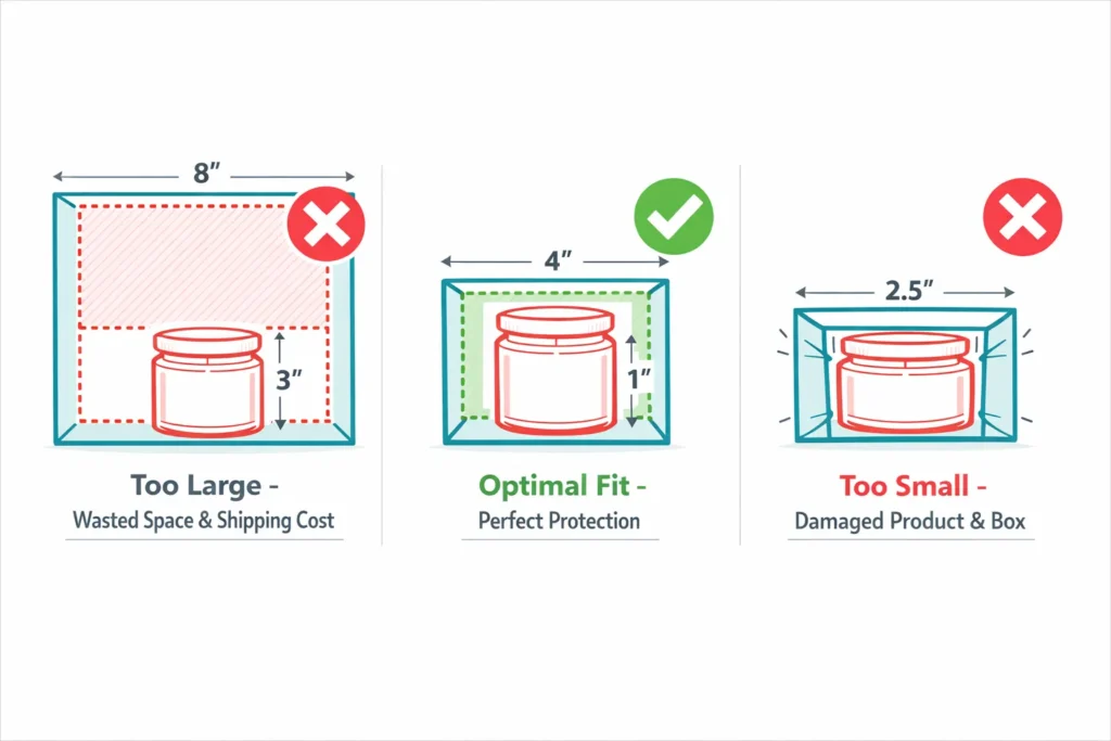 Gift box sizing guide showing proper product fit versus oversized packaging waste