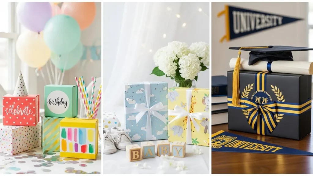 Gift boxes for special occasions including birthdays, baby showers, and graduation celebrations
