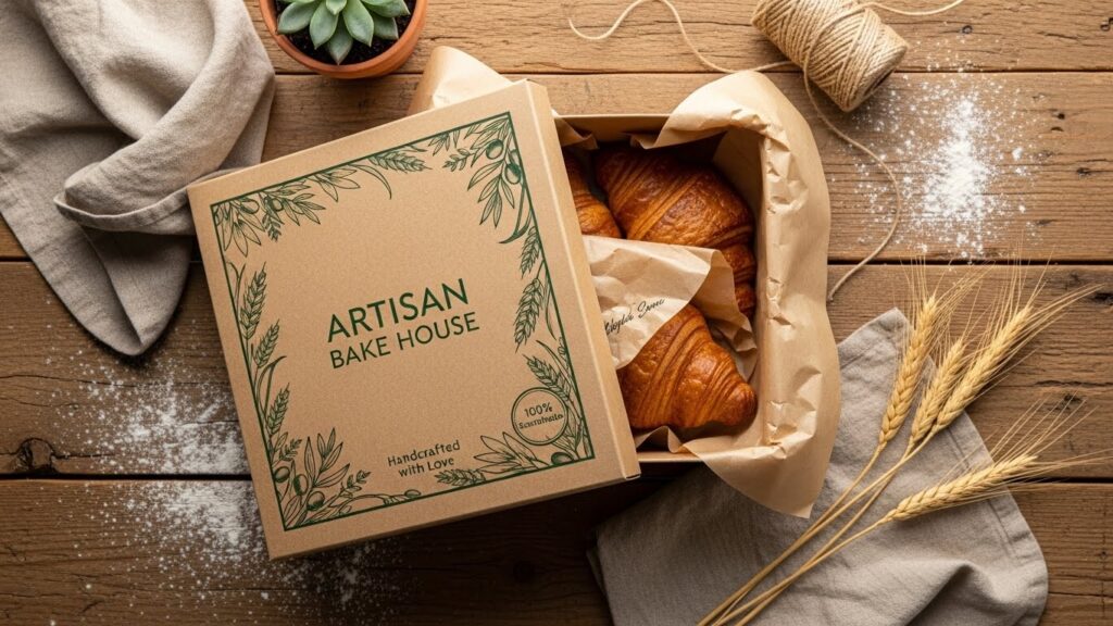Kraft paper bakery box with custom printing and artisan baked goods on wooden table
