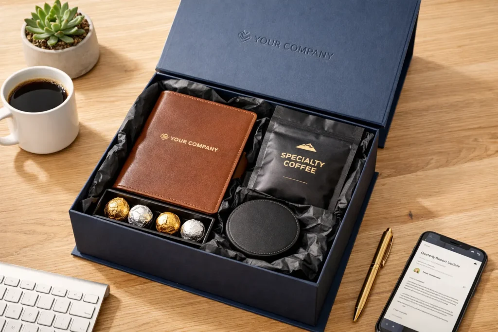 Premium corporate gift box with branded items and sophisticated packaging on office desk