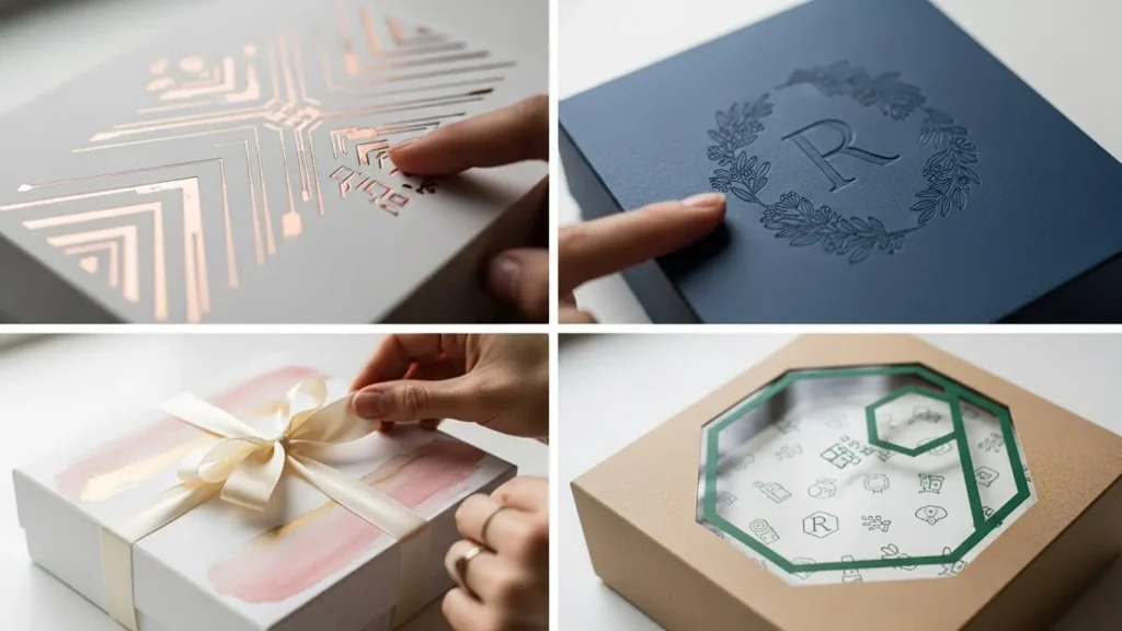 Premium gift box finishing details including foil stamping, embossing, ribbons, and window panels