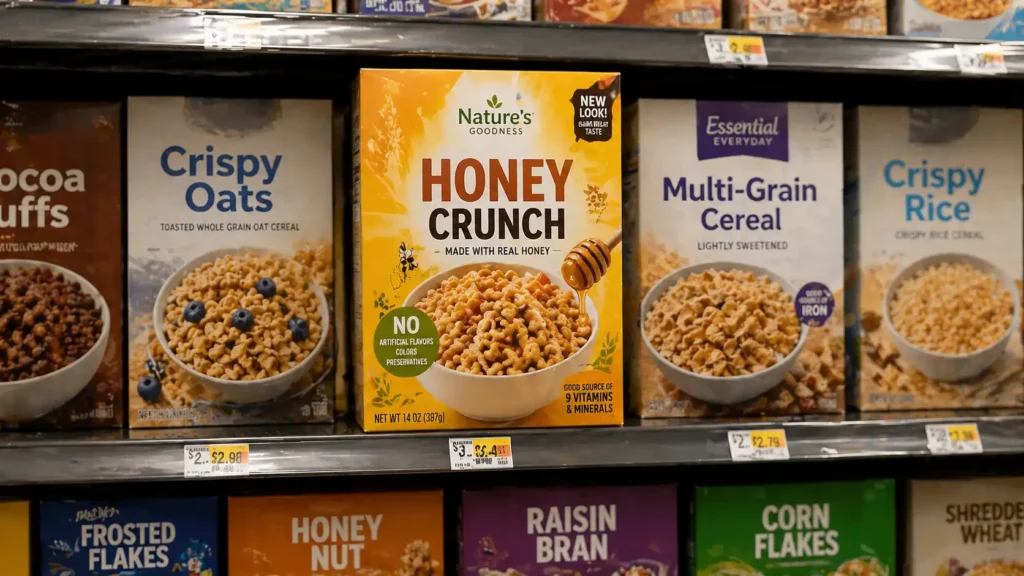 cereal boxes on shelf