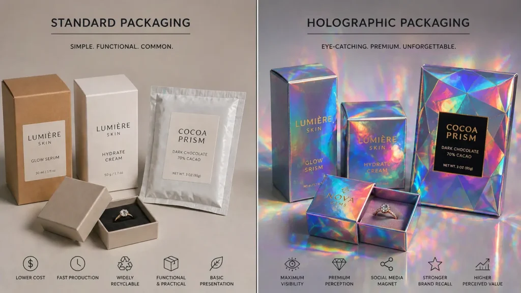 hologrphic vs normal packaging comparison