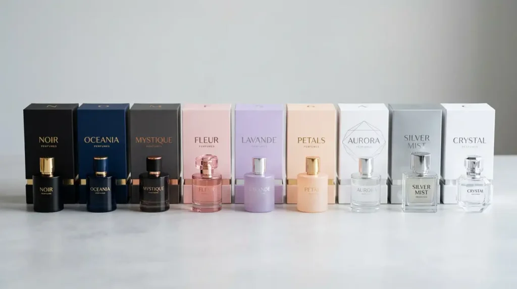 variety of perfume boxes with different themes